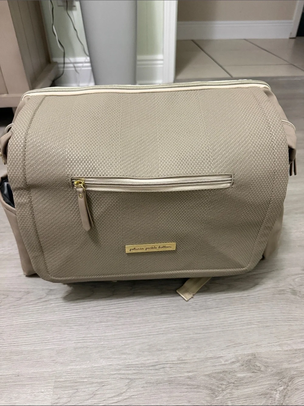 Petunia Pickle Bottom Neutral Taupe Baby Diaper Bag with Gold Hardware